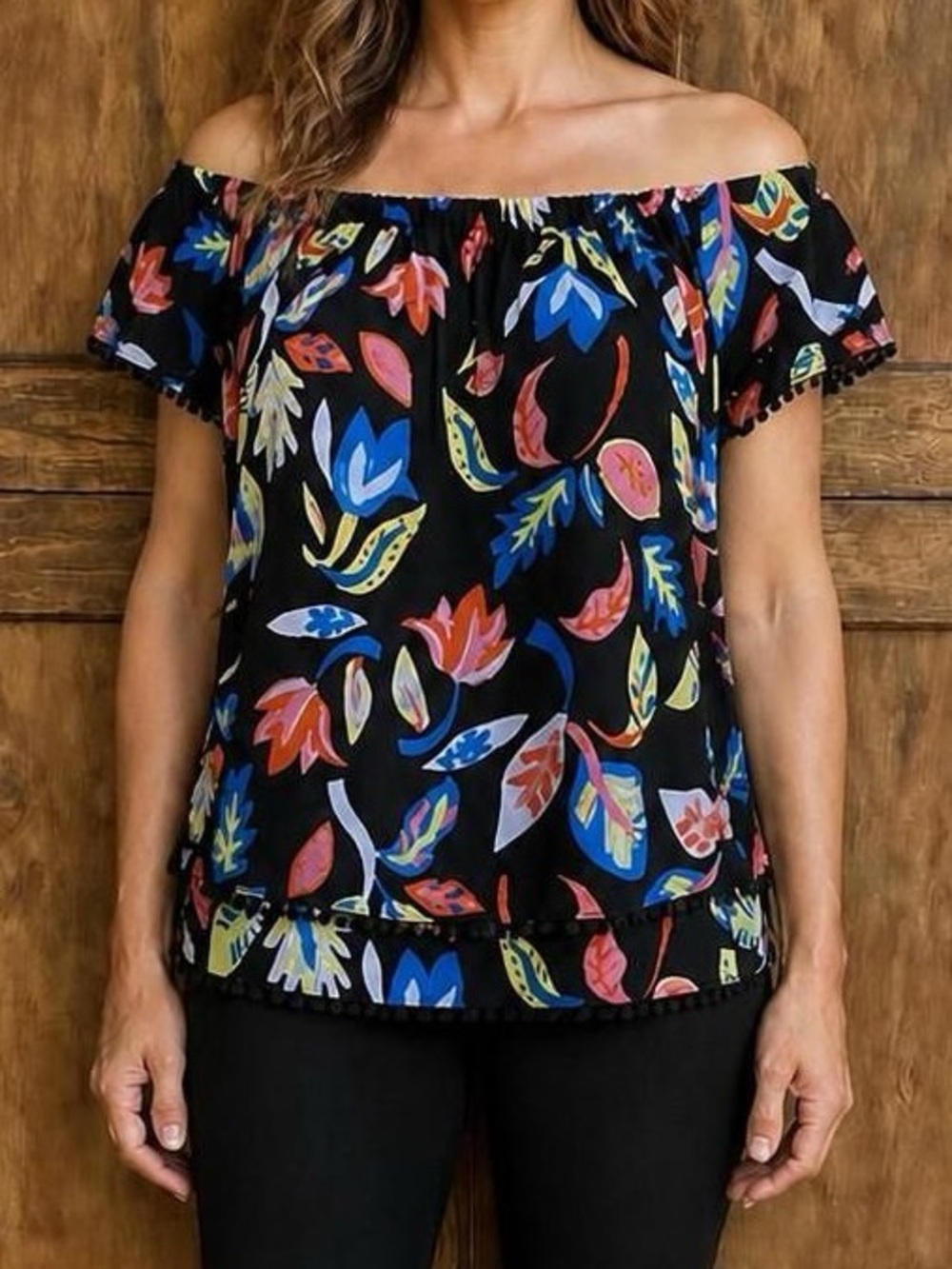 Max Jeans pom pom top nwt off shoulder 19” bust size small & fit medium - large